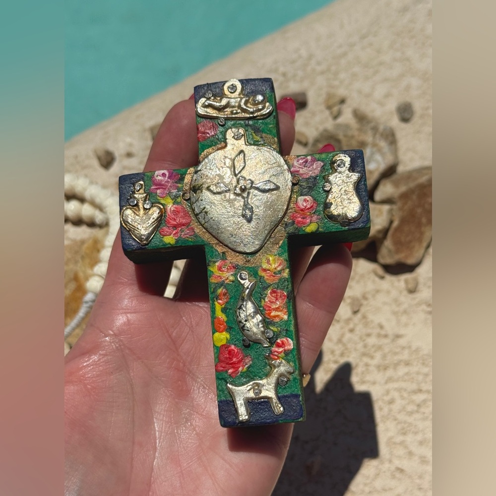 Milagros Silver Metal Charm Spanish Folk Art Painted Wood Cross-Turquoise Green - Picture 8 of 10
